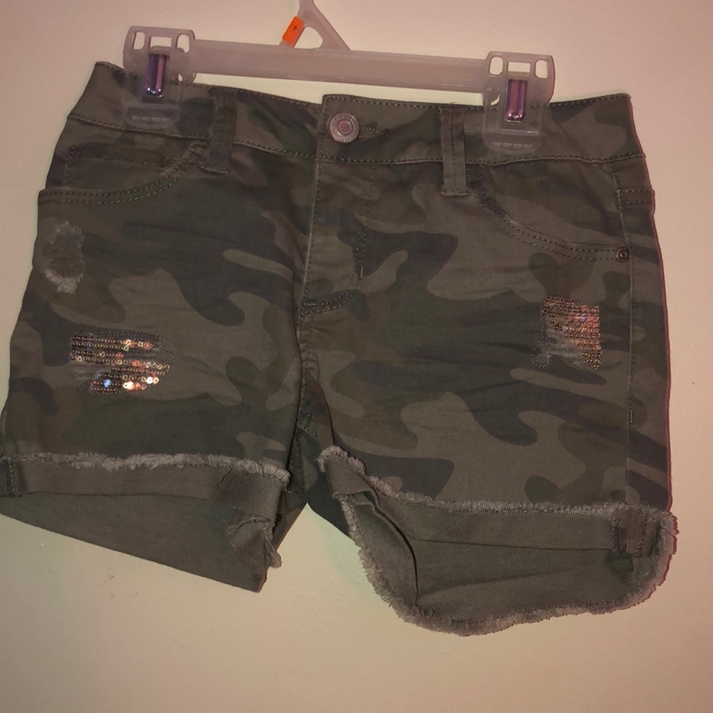 camo shorts with gold sequence